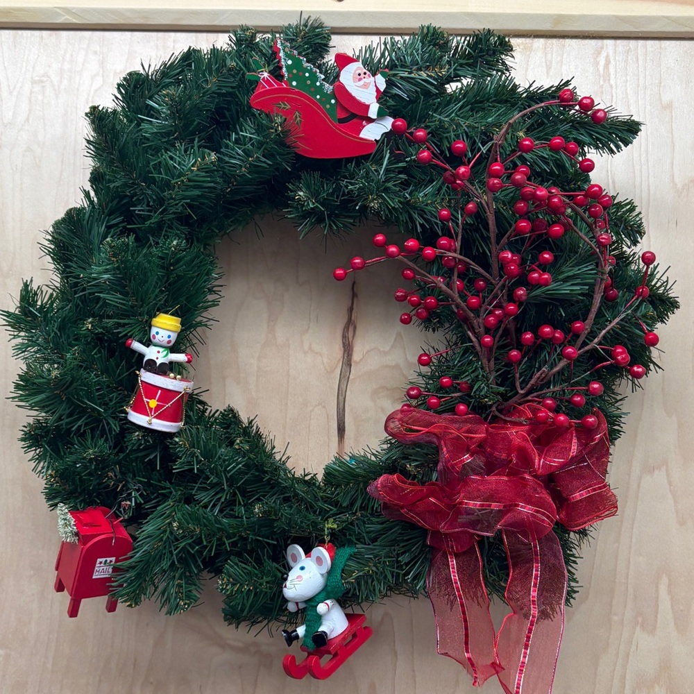 Vintage Festive Christmas Wreath with Wood Ornaments & Red Bow ~15”